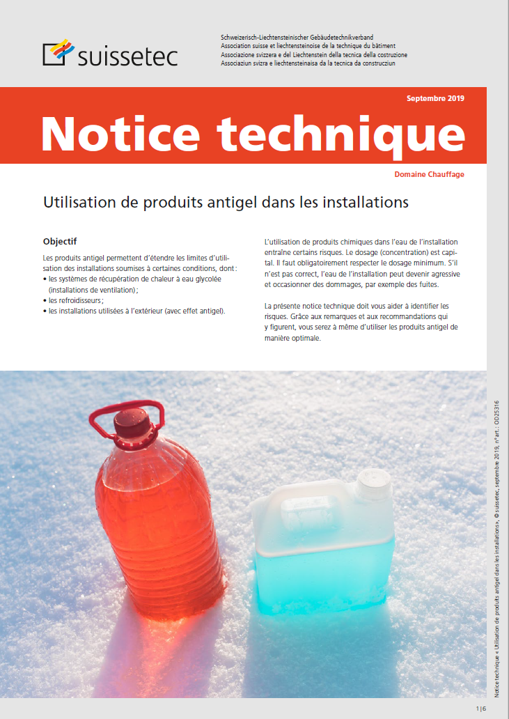 Notice technique Utilisations de produits antigel dans les installations