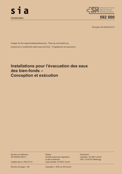 SN 592000:2024 Installations pour évacuation des eaux des biens-fonds